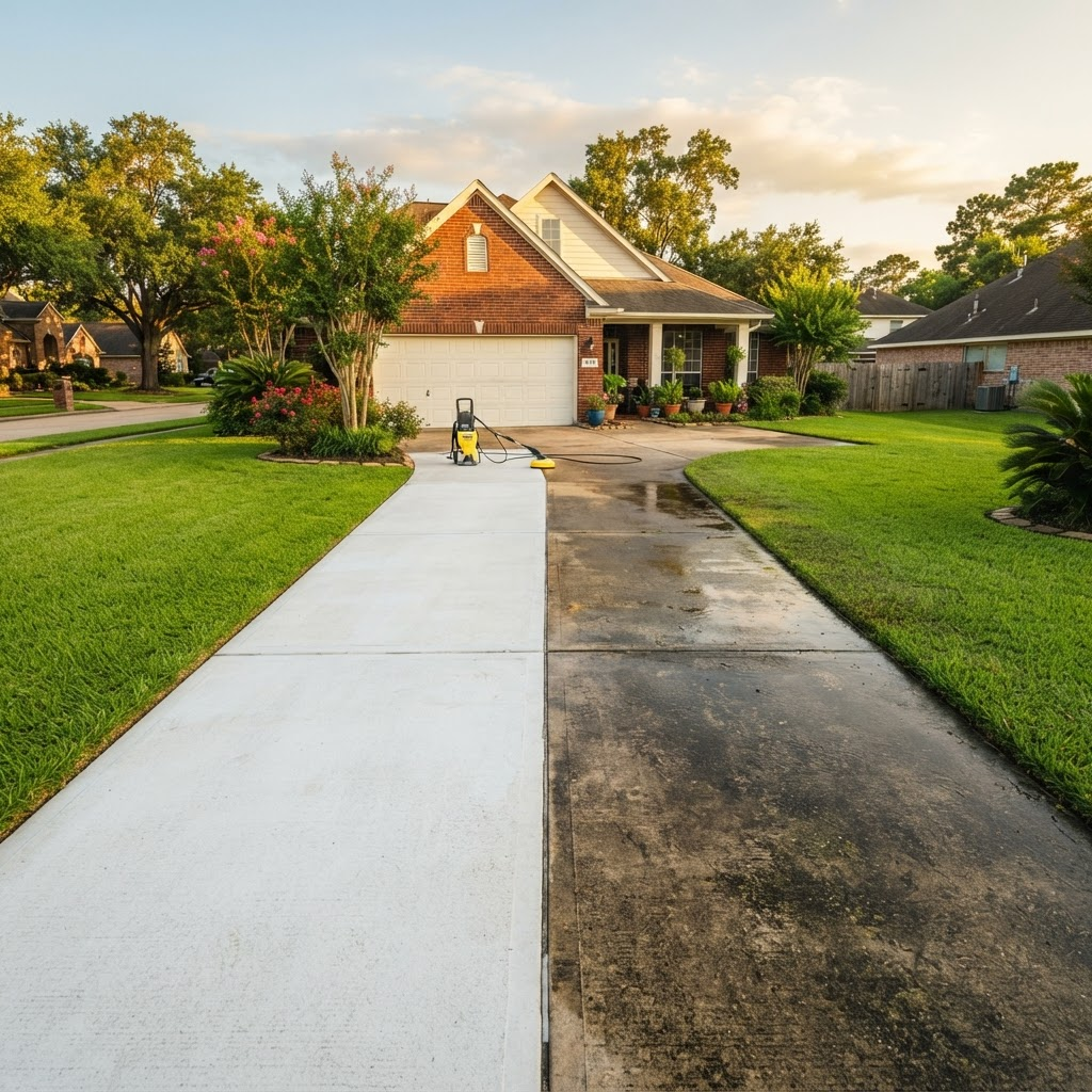 Split view of a driveway in Cypress TX — clean bright concrete on one side and stained concrete on the other — showing the difference professional pressure washing makes